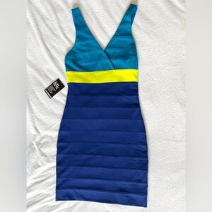 Express Colorblock V-Neck Mini Dress in Teal, Yellow & Royal Blue